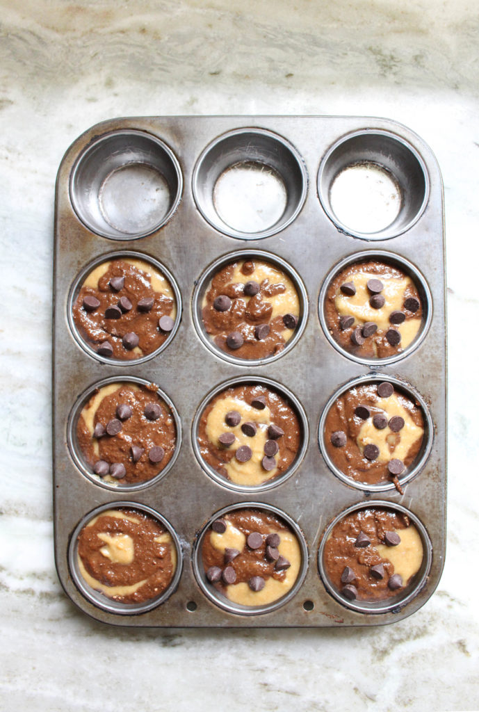 Chocolate twist banana muffins with chocolate chips on top ready to be baked.