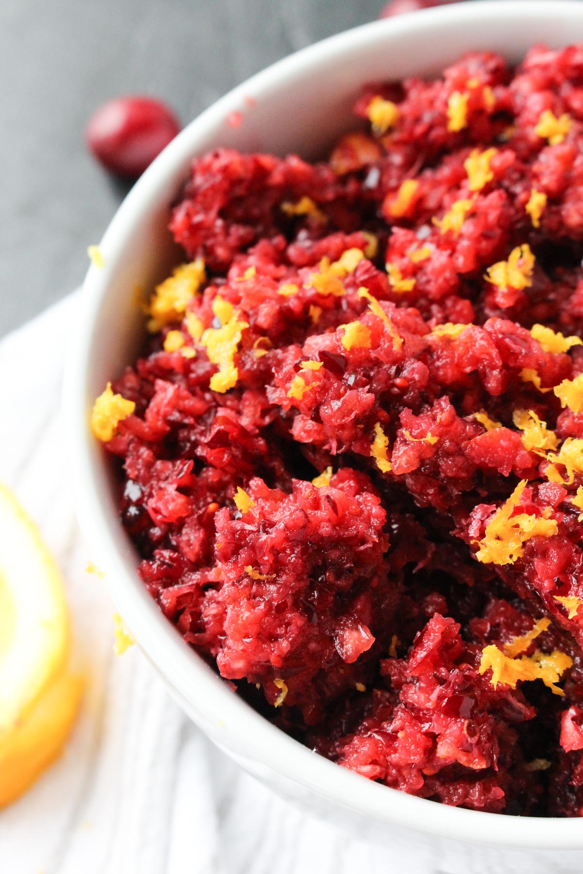 Cranberry relish with freshly grated orange peel on top.