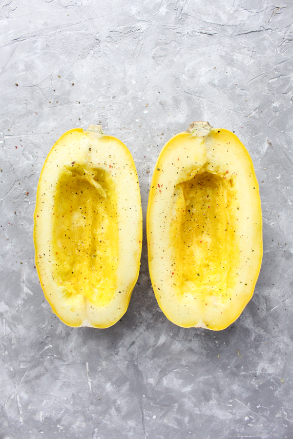 How to cook spaghetti squash - step 4 add olive oil, salt and pepper.