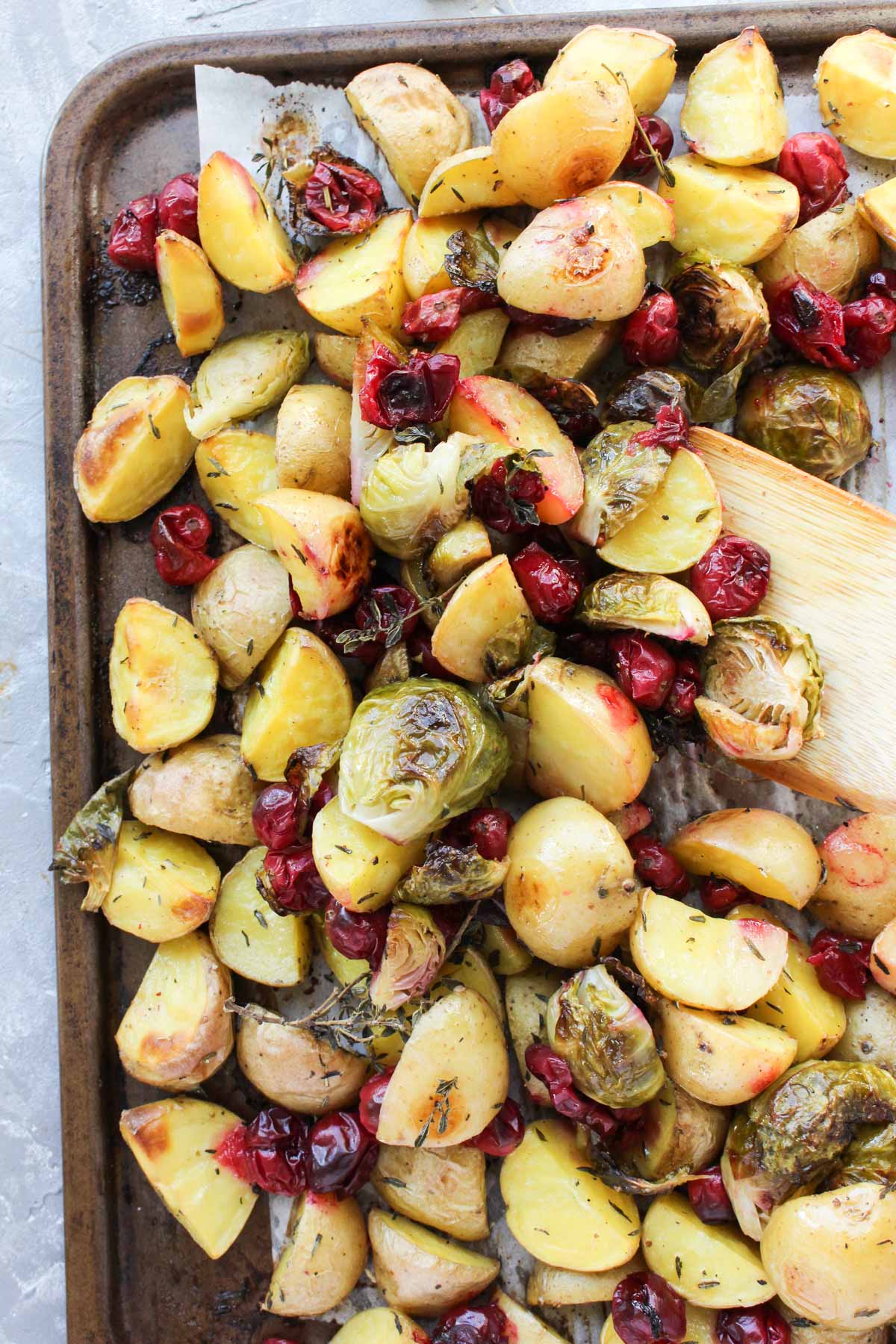 Roasted vegetables side dish on a sheet pan.