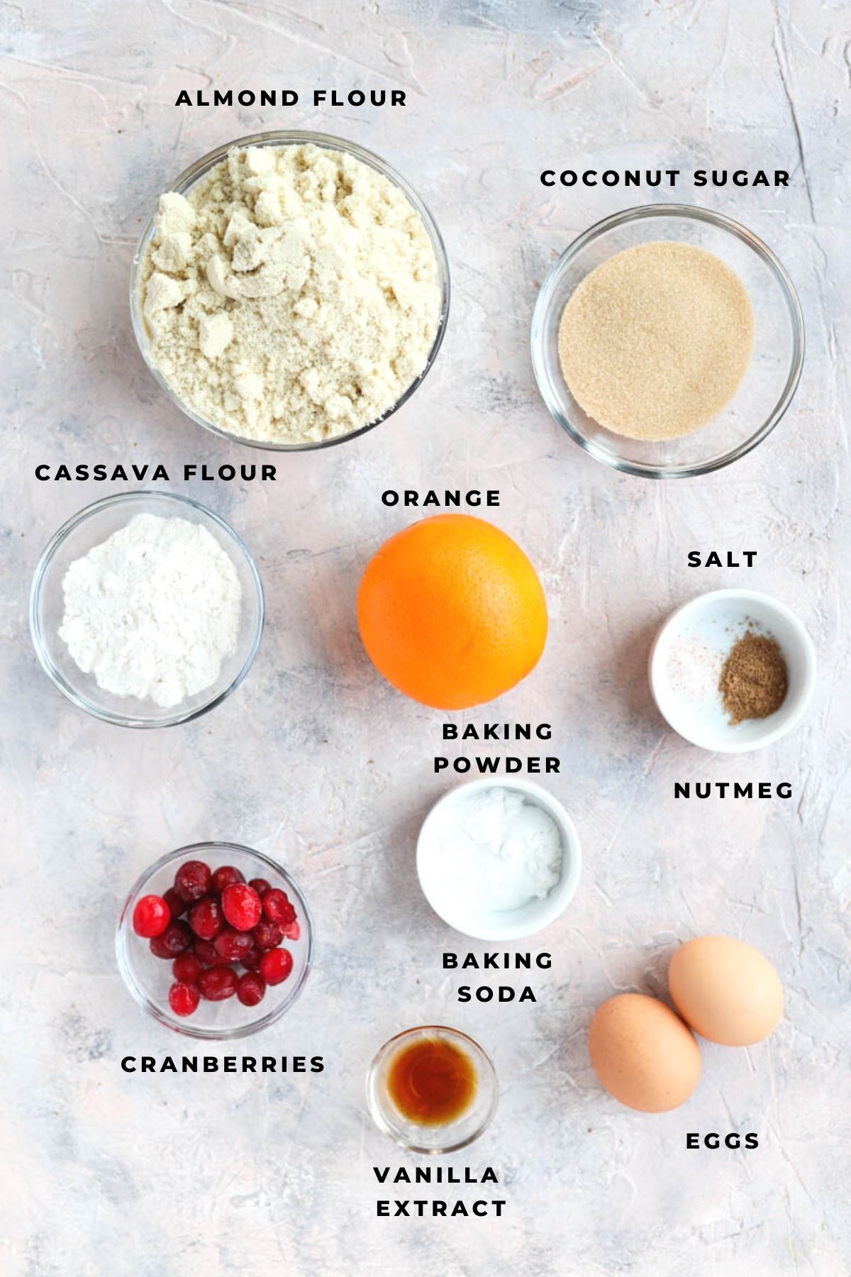 Overhead shot of cranberry orange bread ingredients.