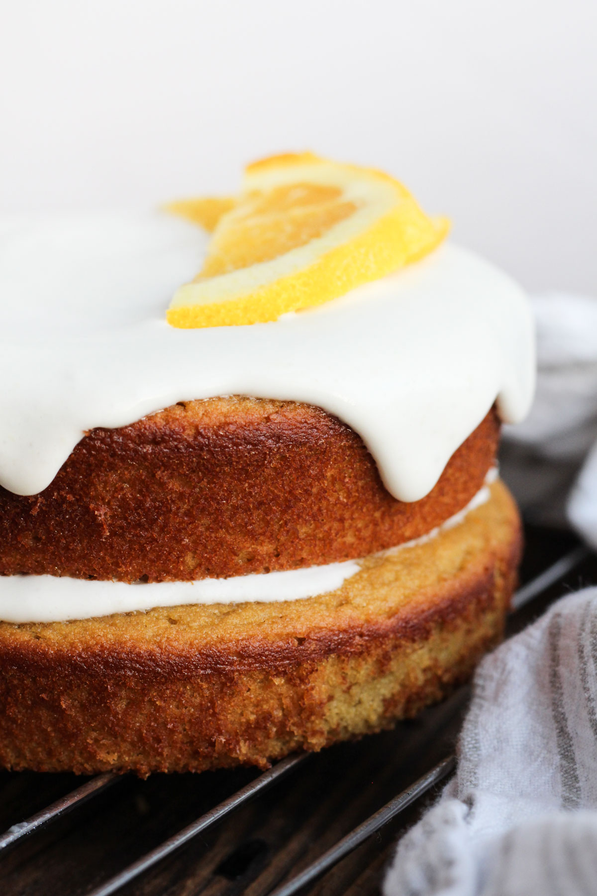 Side shot so you can see the two cake layers with coconut whipped cream in between.