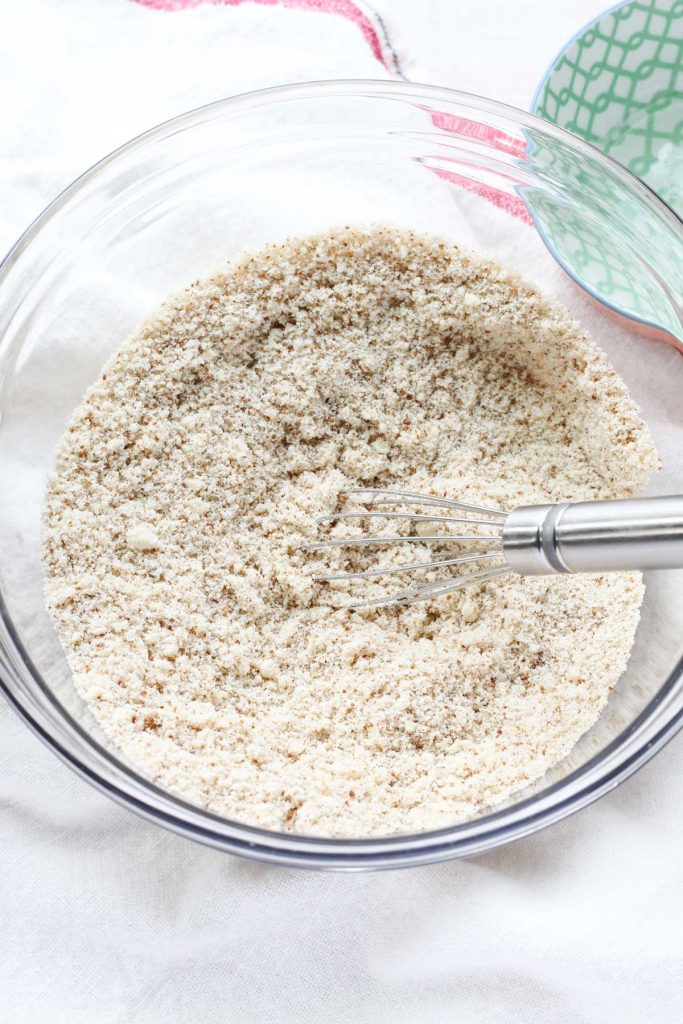 Dry ingredients mixed for gluten-free samoa muffins.