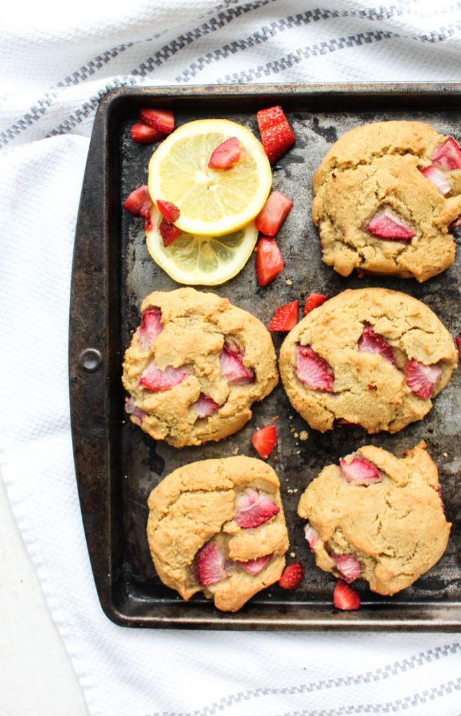 Paleo Strawberry lemon biscuits fresh out of the oven on a baking tray!