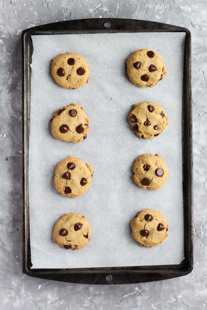 Cookies on baking sheet after coming out of the oven.