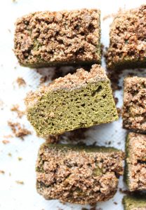 Overhead shot of matcha cake slices.
