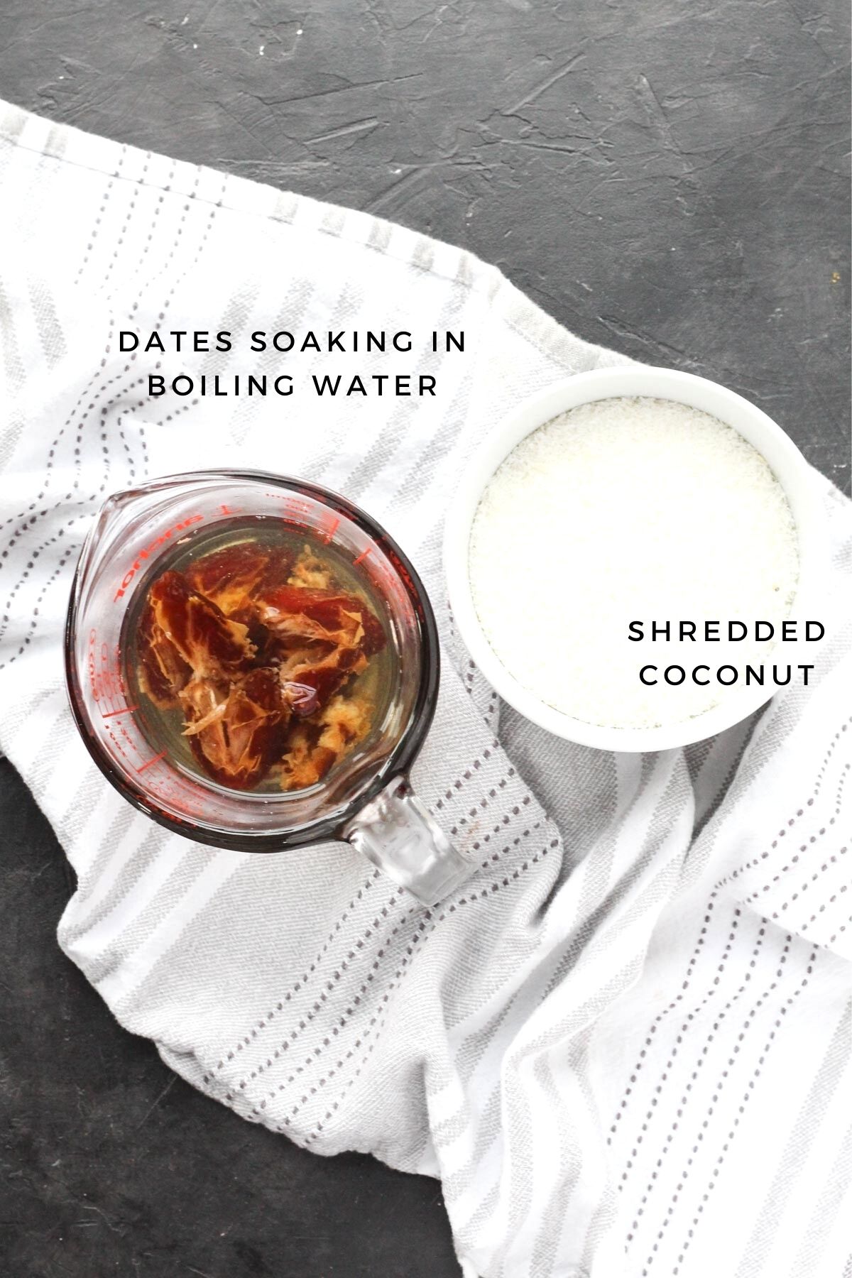 Overhead shot of soaking dates and shredded coconut.
