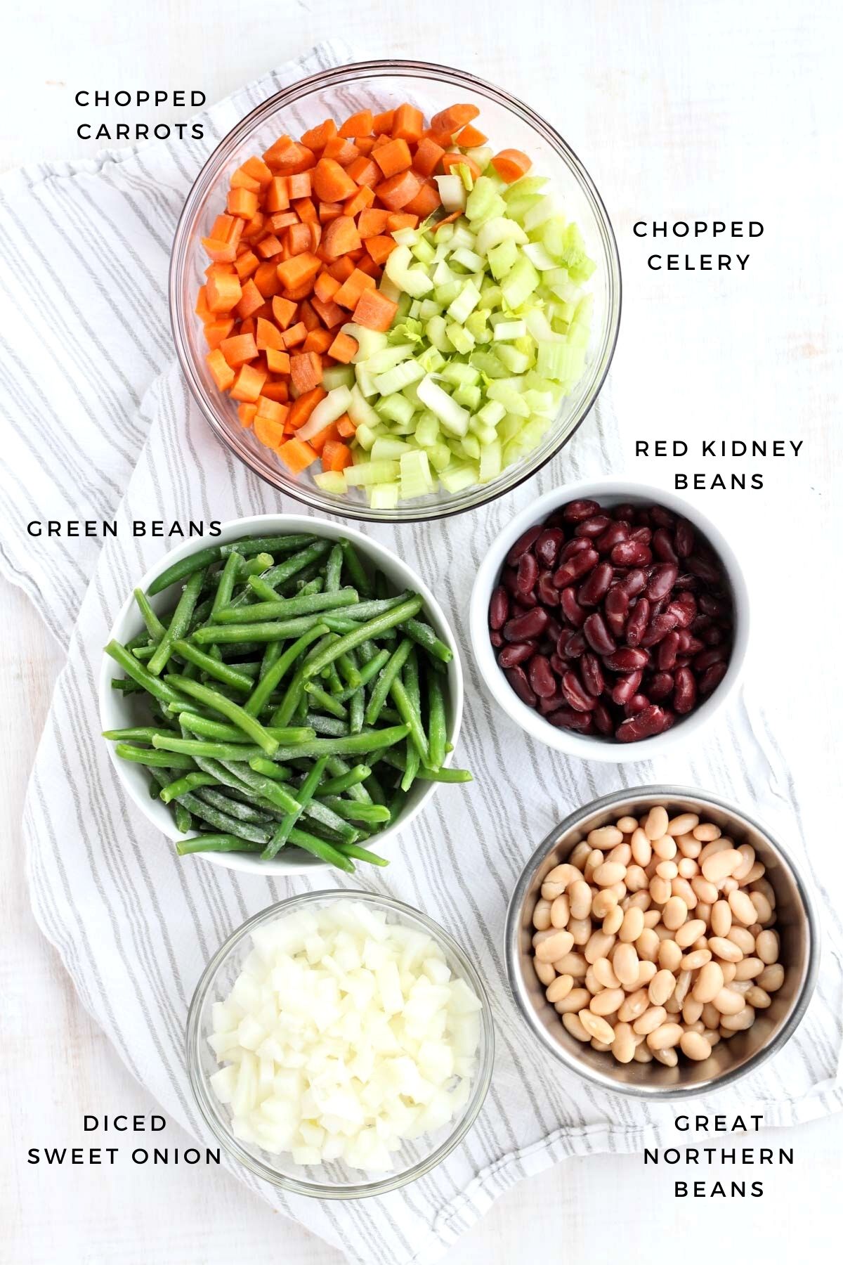 Overhead  shot of vegetables and beans.