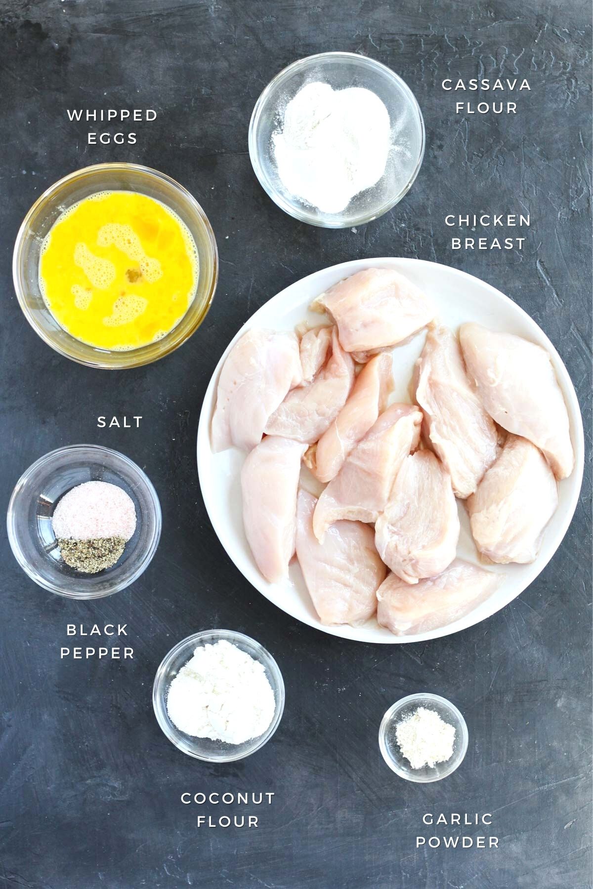 Ingredients laid out for chicken cutlets.