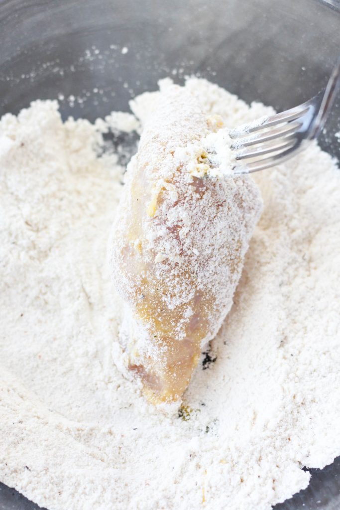Chicken in flour mixture.