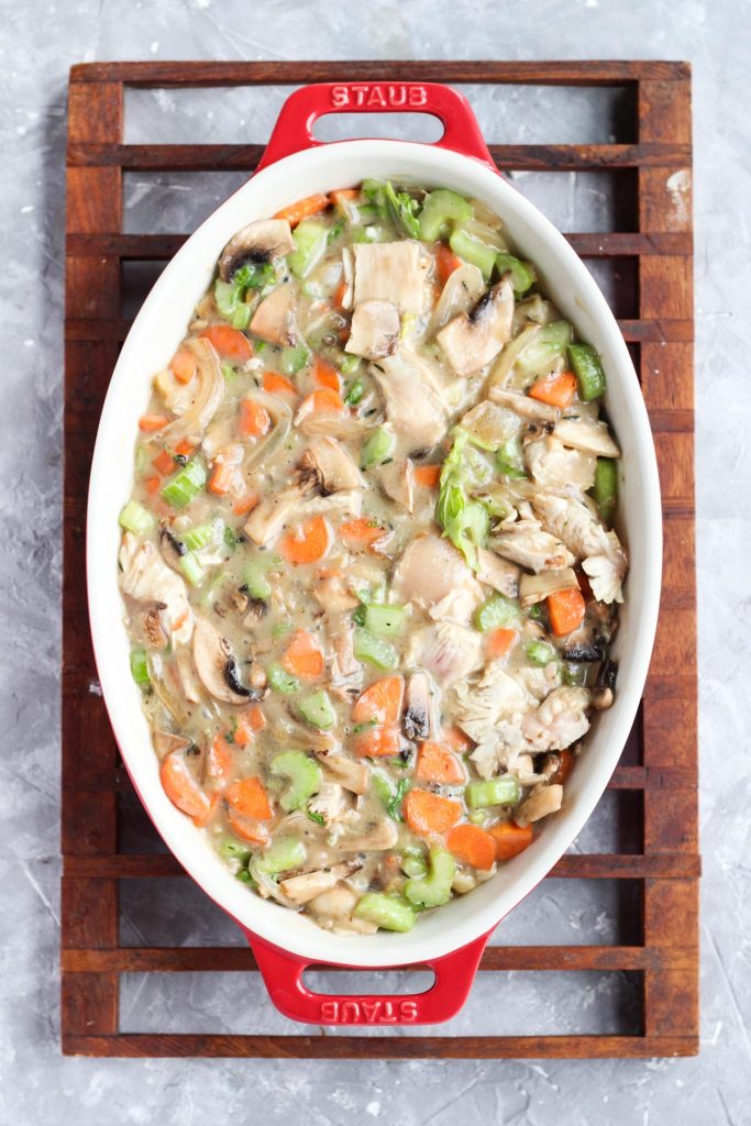 Vegetable mixture in the casserole dish.