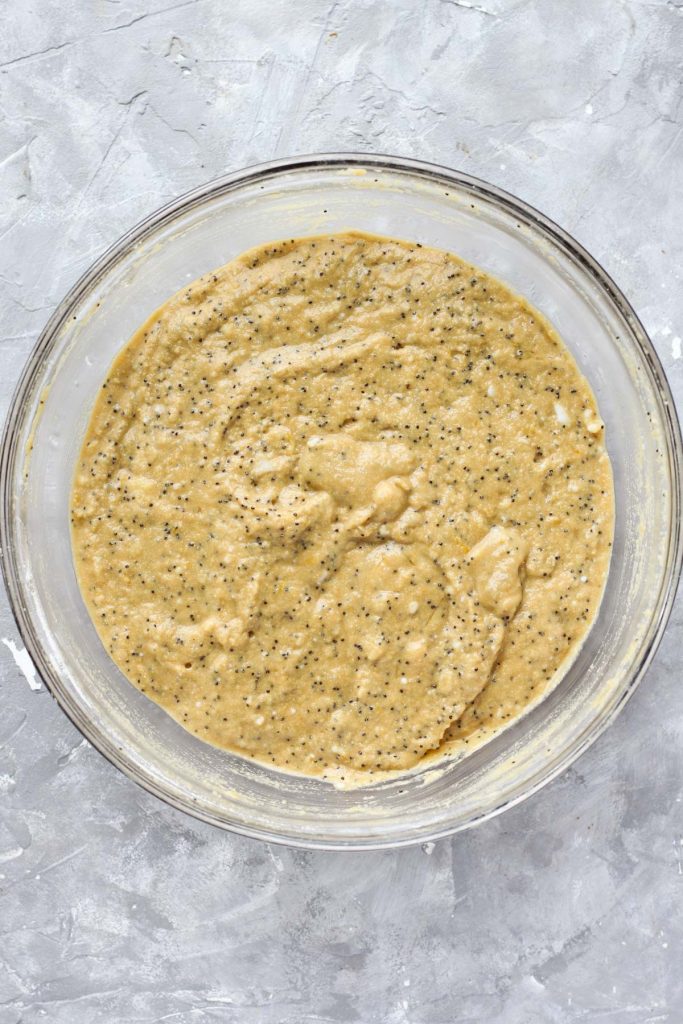 Bowl of lemon poppy seed bread batter.