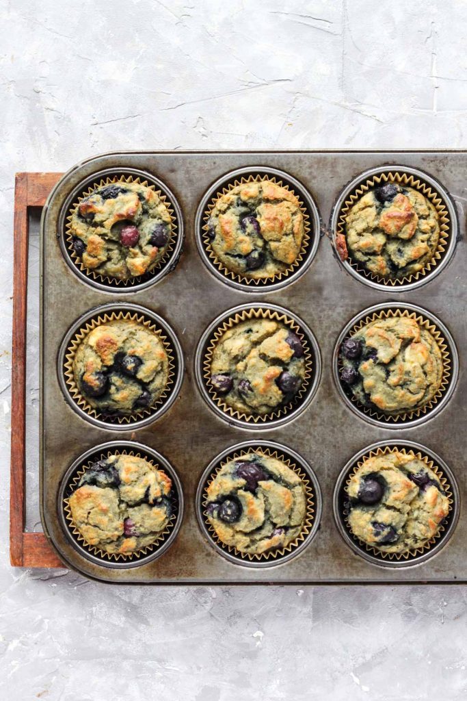Overhead shot of muffins in pan after being baked.