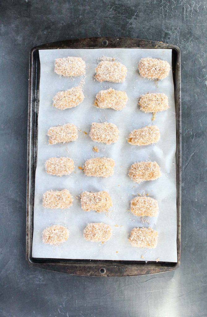 Sweet potato tots rolled in coconut.
