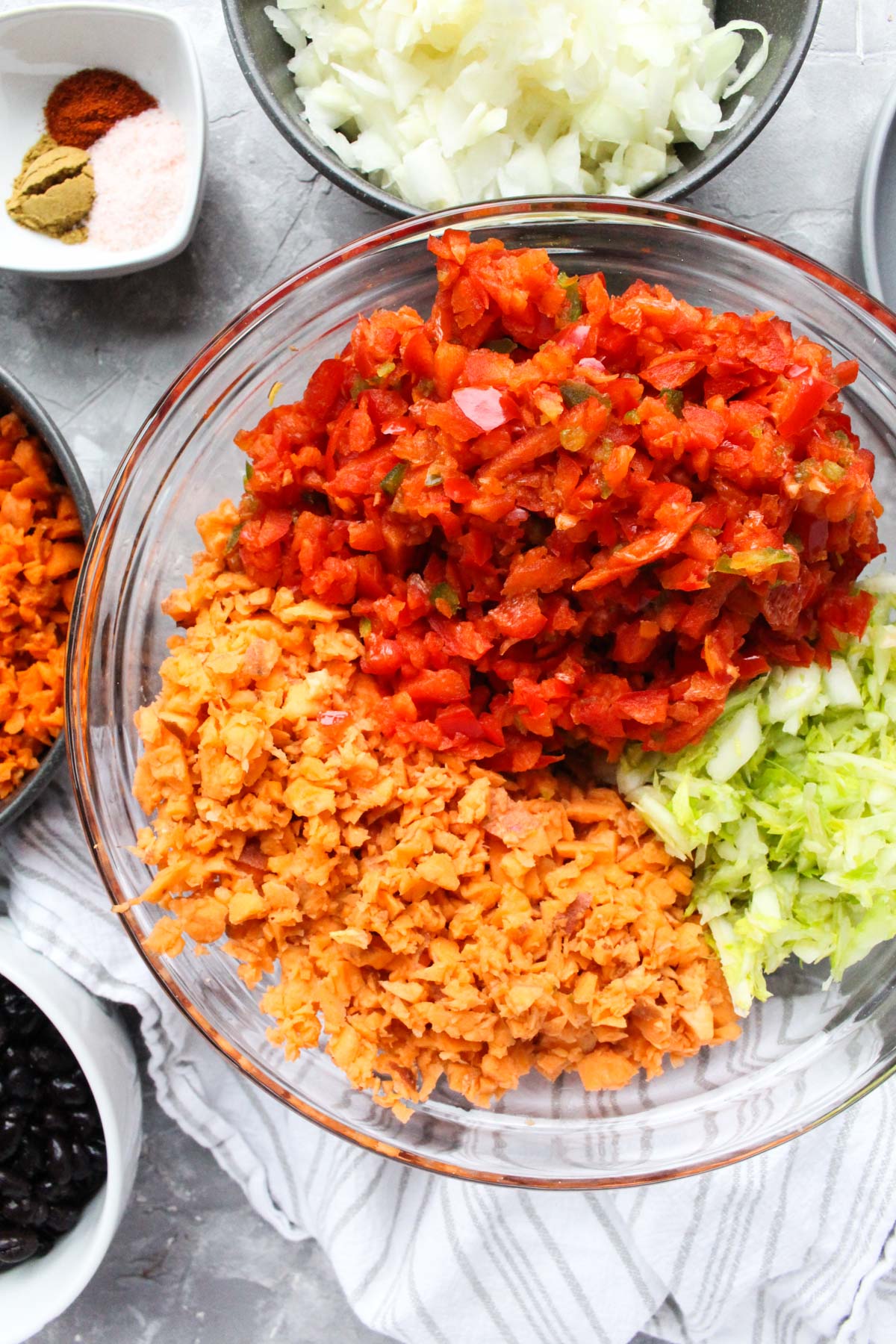 Vegetables chopped up in large bowl.