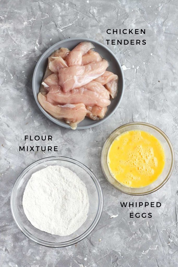 Overhead shot of chicken tender ingredients mixed together before being prepared.