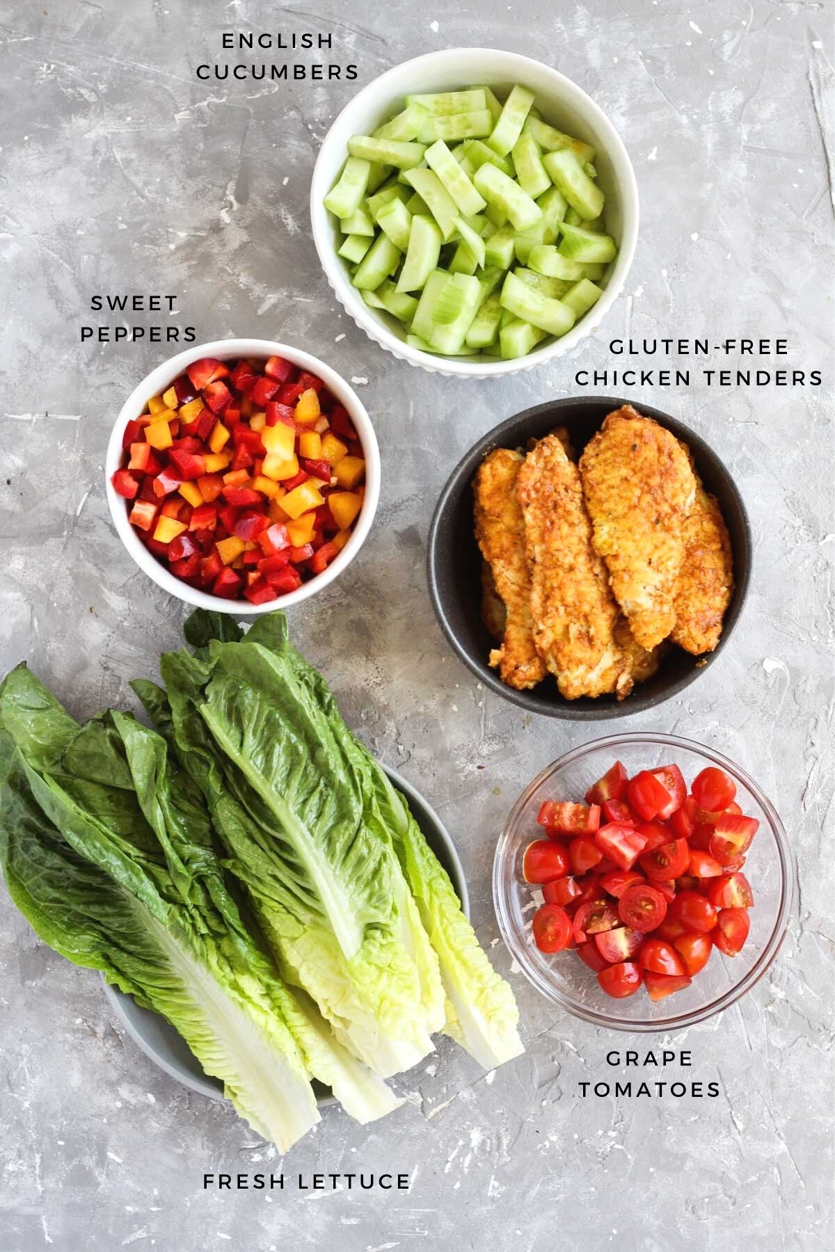 Overhead shot of salad ingredients.