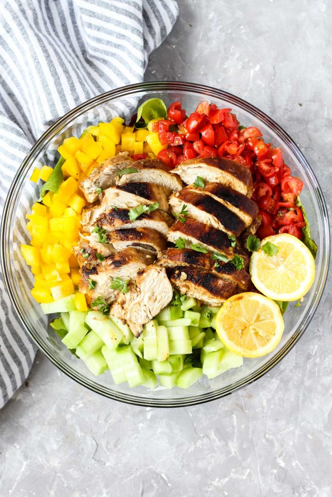 Overhead shot of balsamic chicken salad.