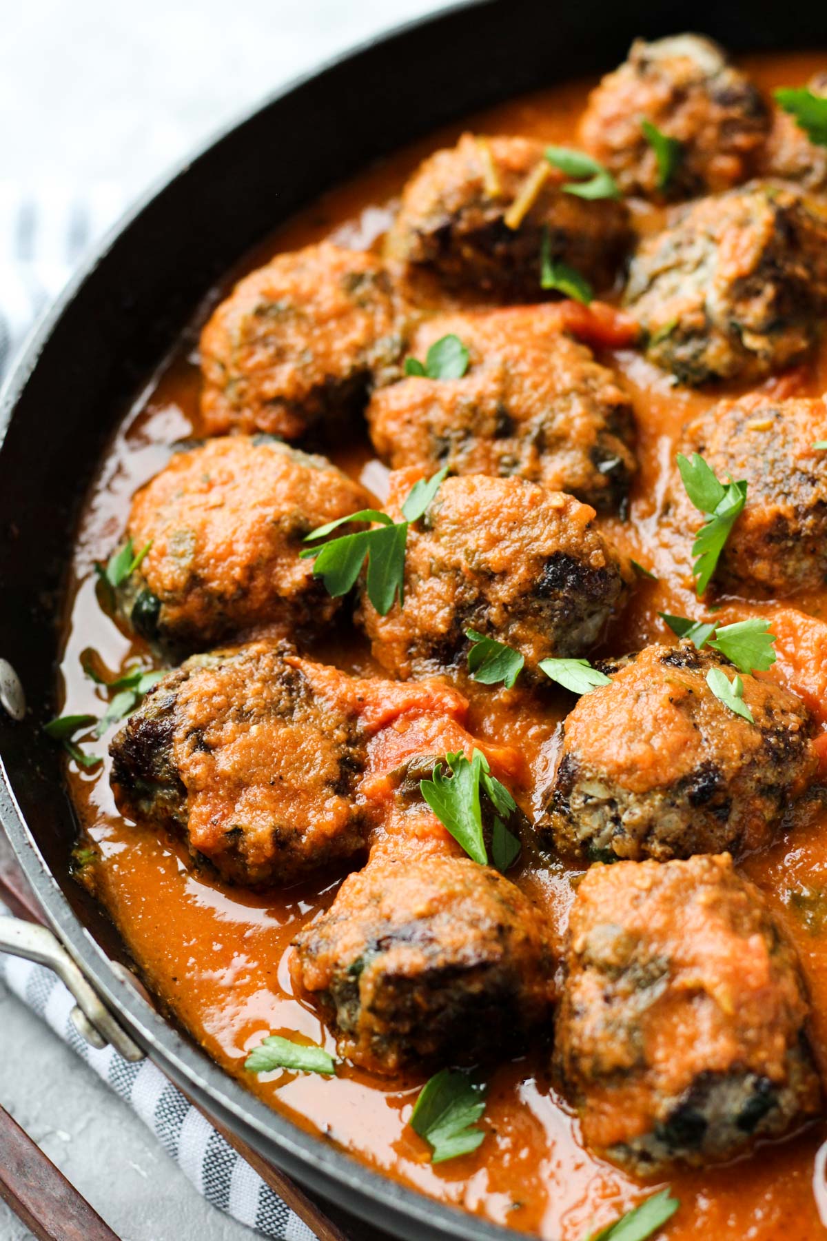 Meatballs with sauce in a pan.