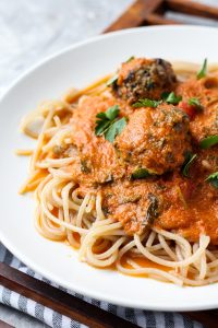 Plate of spaghetti, meatballs, and tomato sauce.