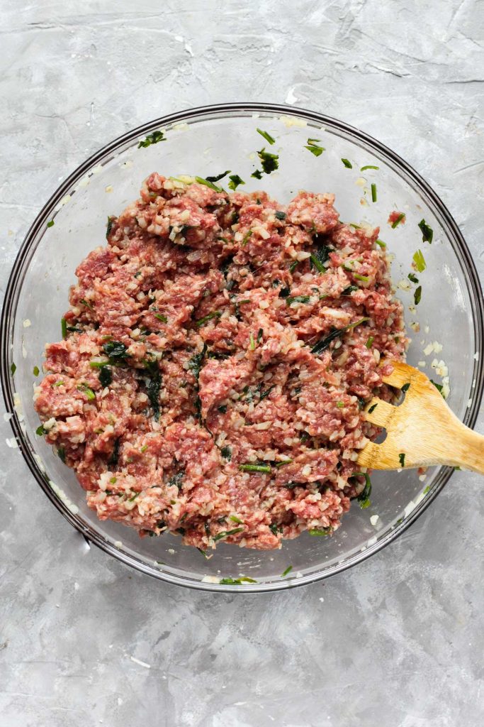Blended meatball mixture in bowl.