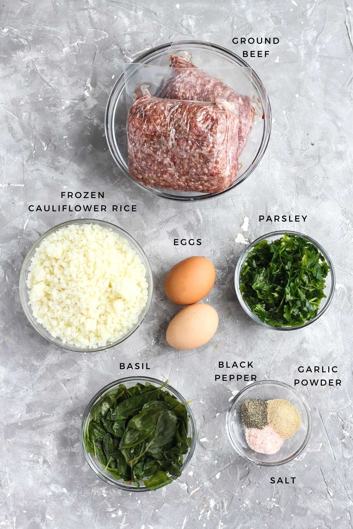 Overhead shot of meatball ingredients.