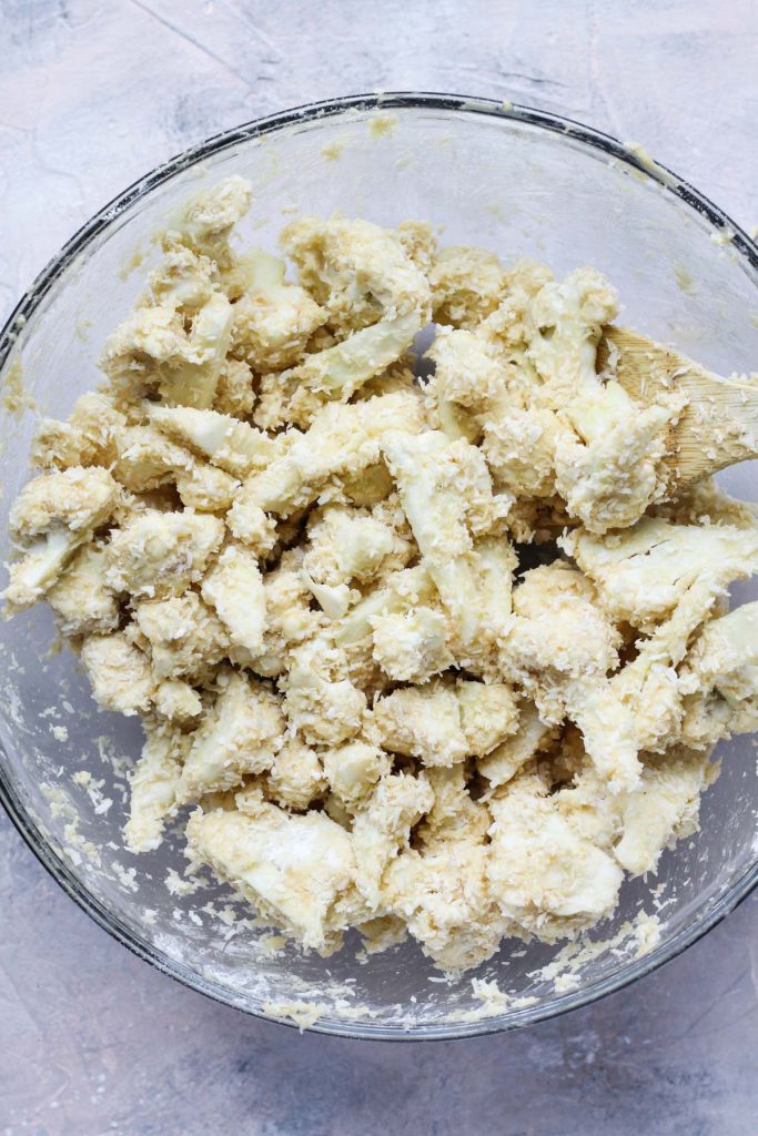 Shredded coconut mixed into cauliflower mixture.