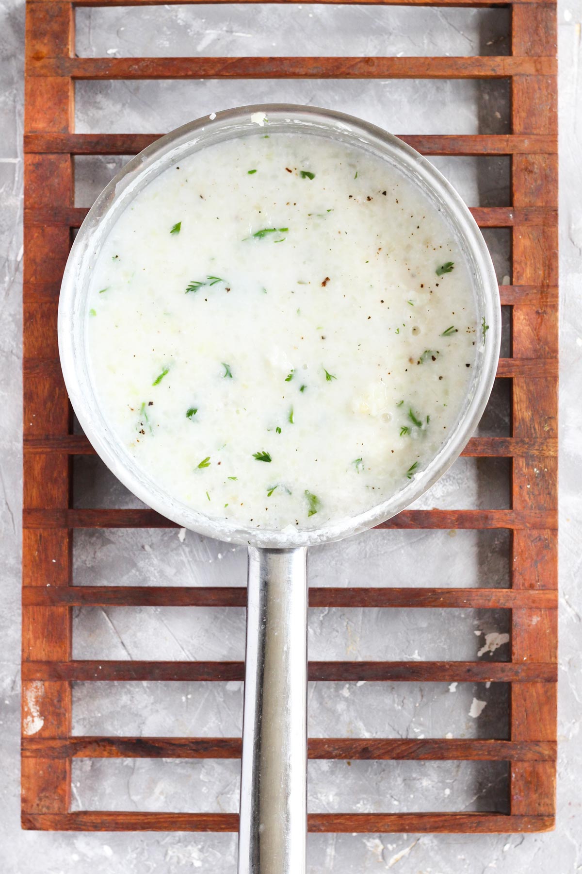 Pot with all ingredients stirred together before simmering.