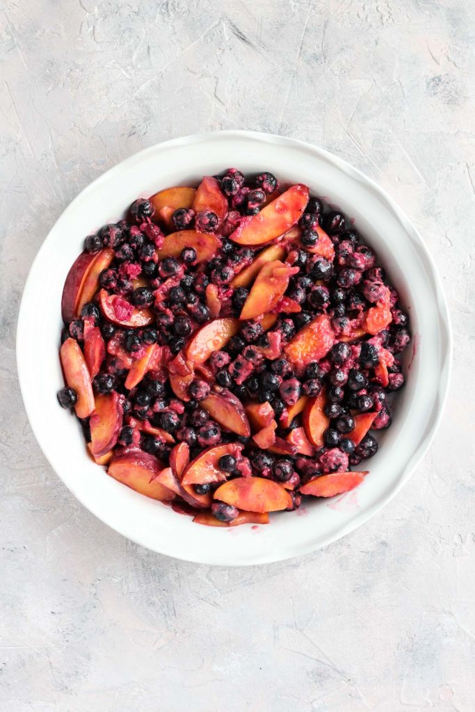 Fruit mixture in baking dish.