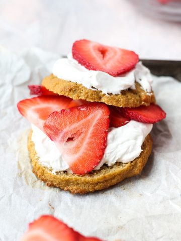 Strawberry shortcake with coconut whipped cream and fresh strawberries.