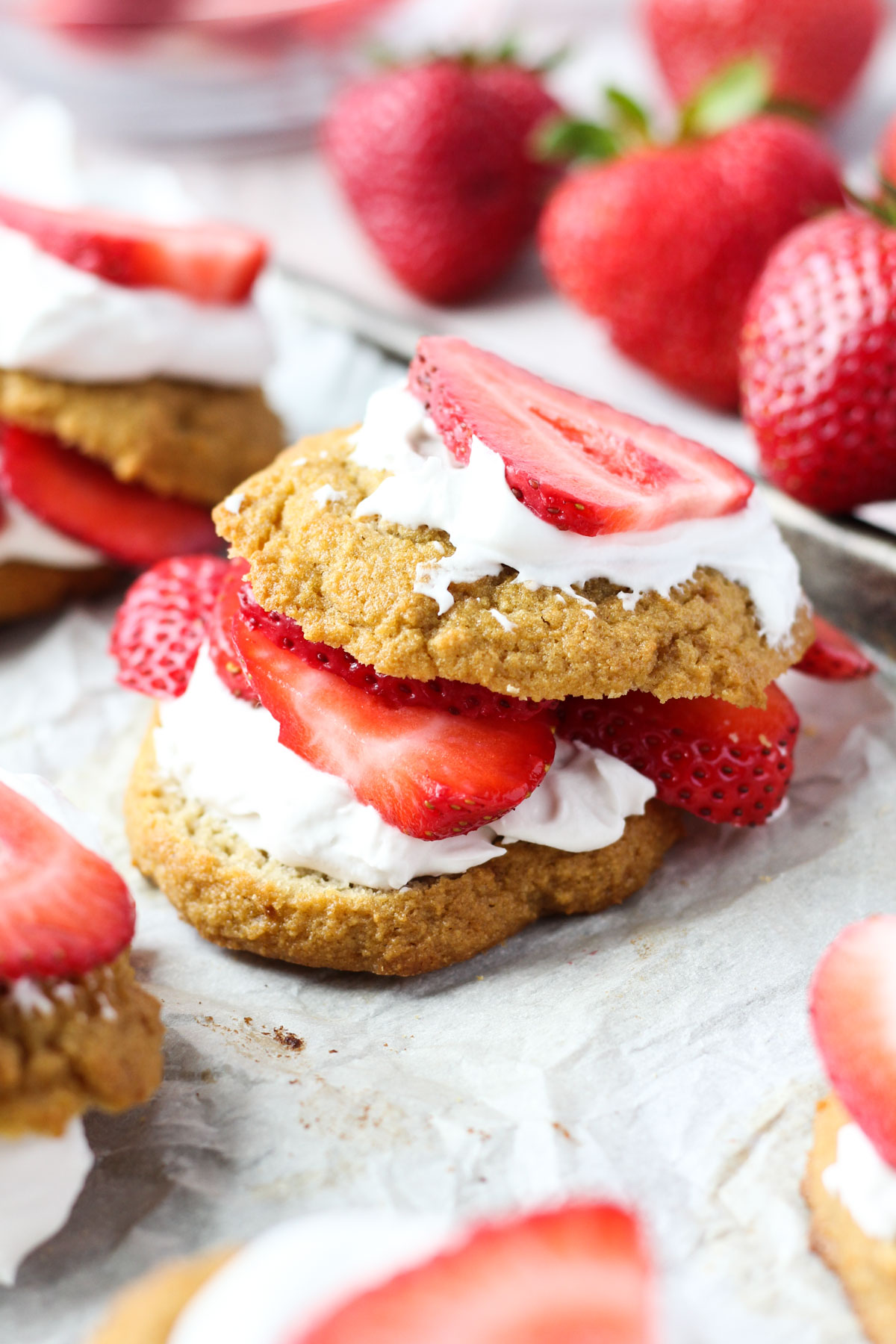 Strawberry shortcake with coconut whipped cream and fresh strawberries.