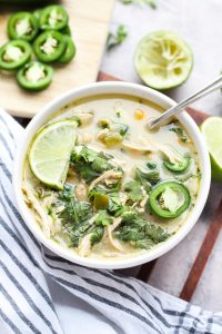 Overhead shot of white chicken chili.