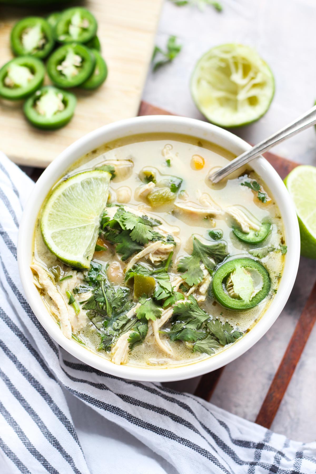 Overhead shot of white chicken chili.