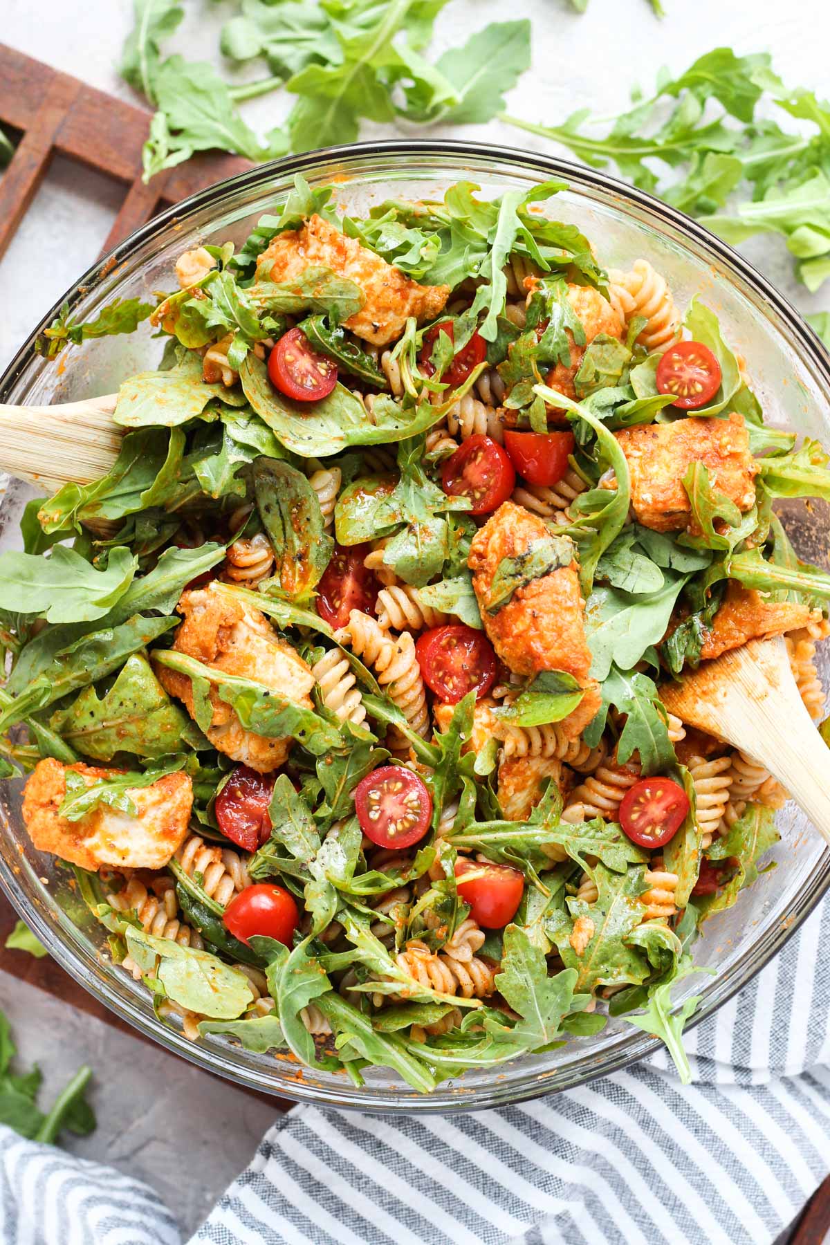 Overhead shot of pasta salad.