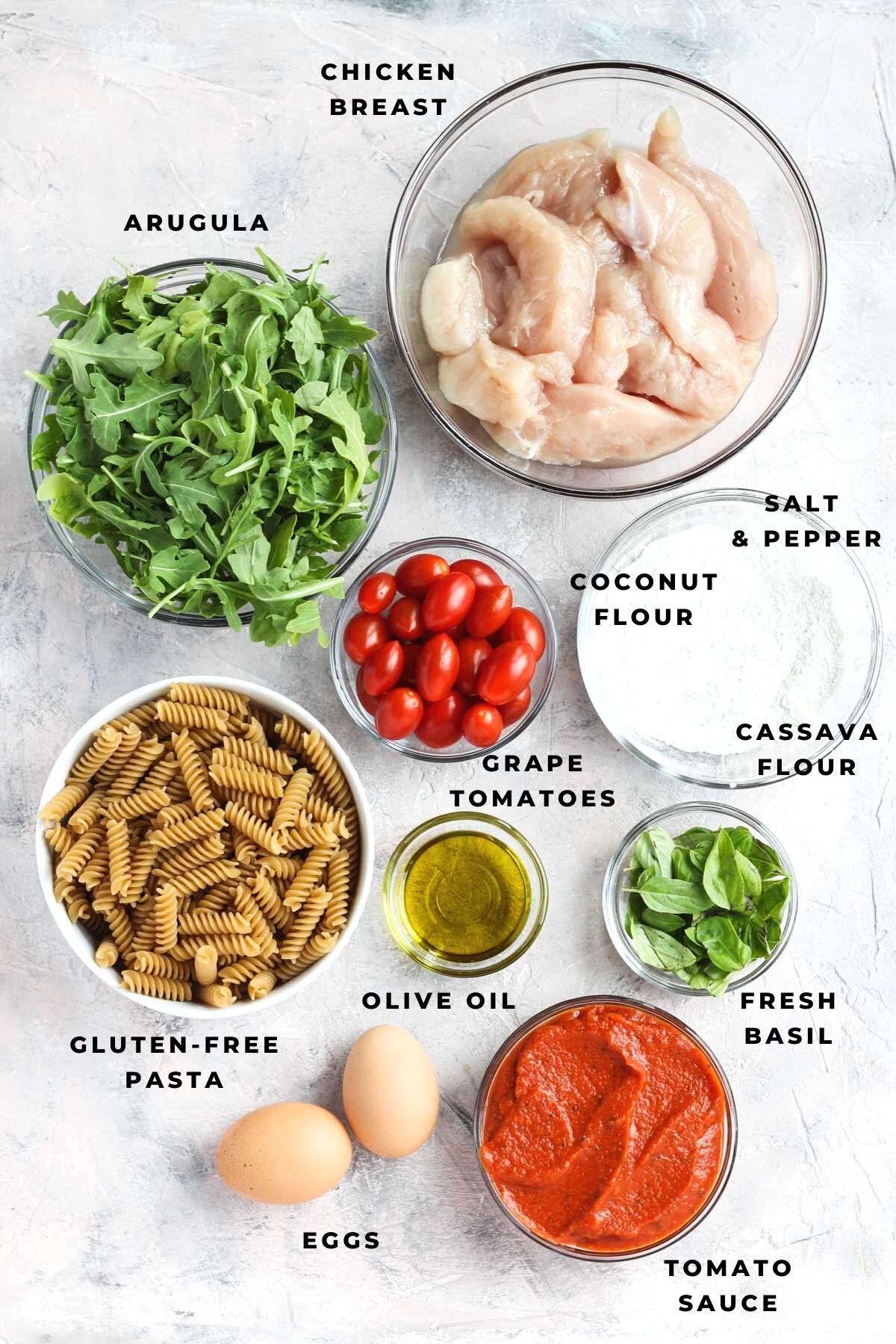 Overhead shot of pasta salad ingredients.