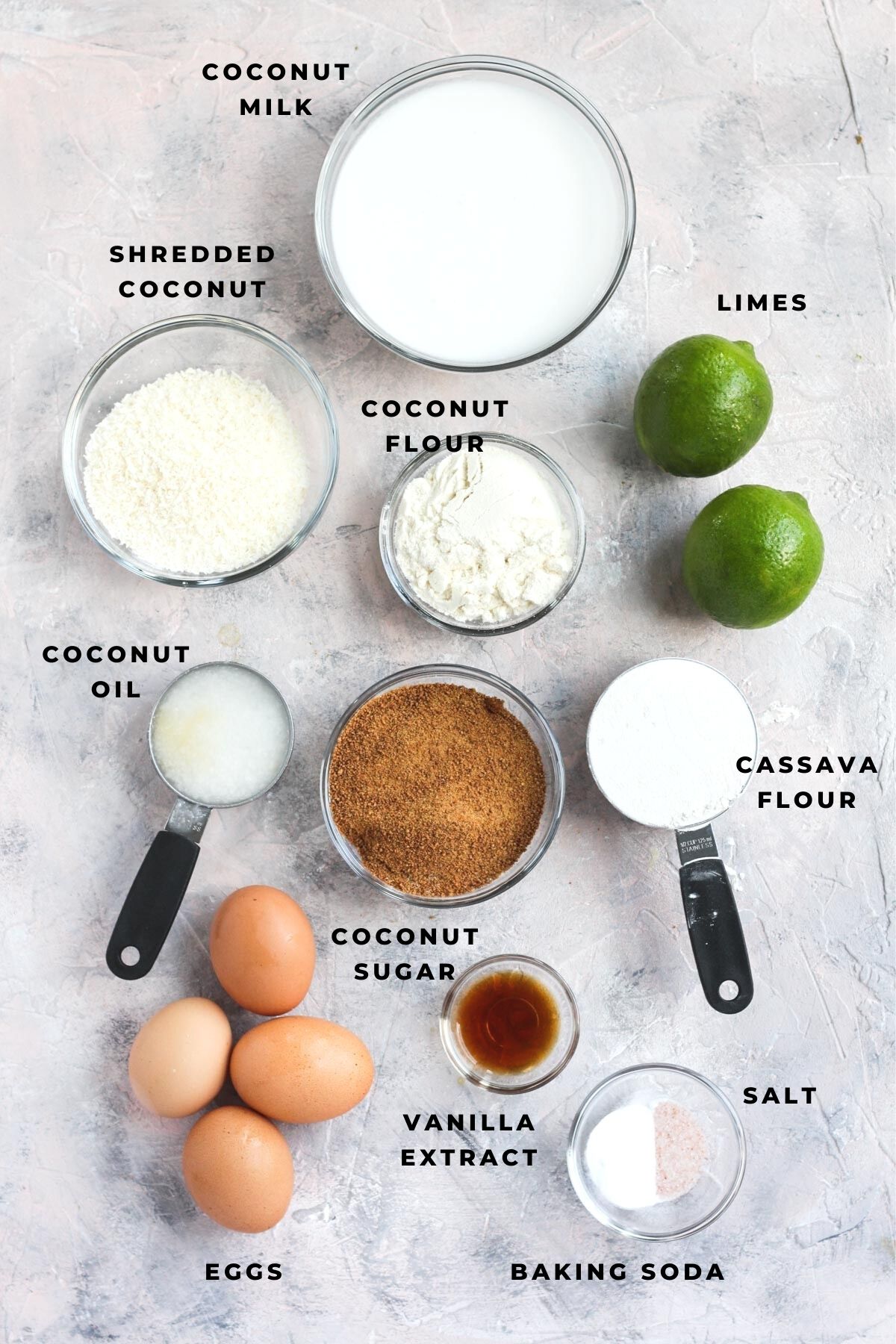 Overhead shot of coconut lime cake ingredients.