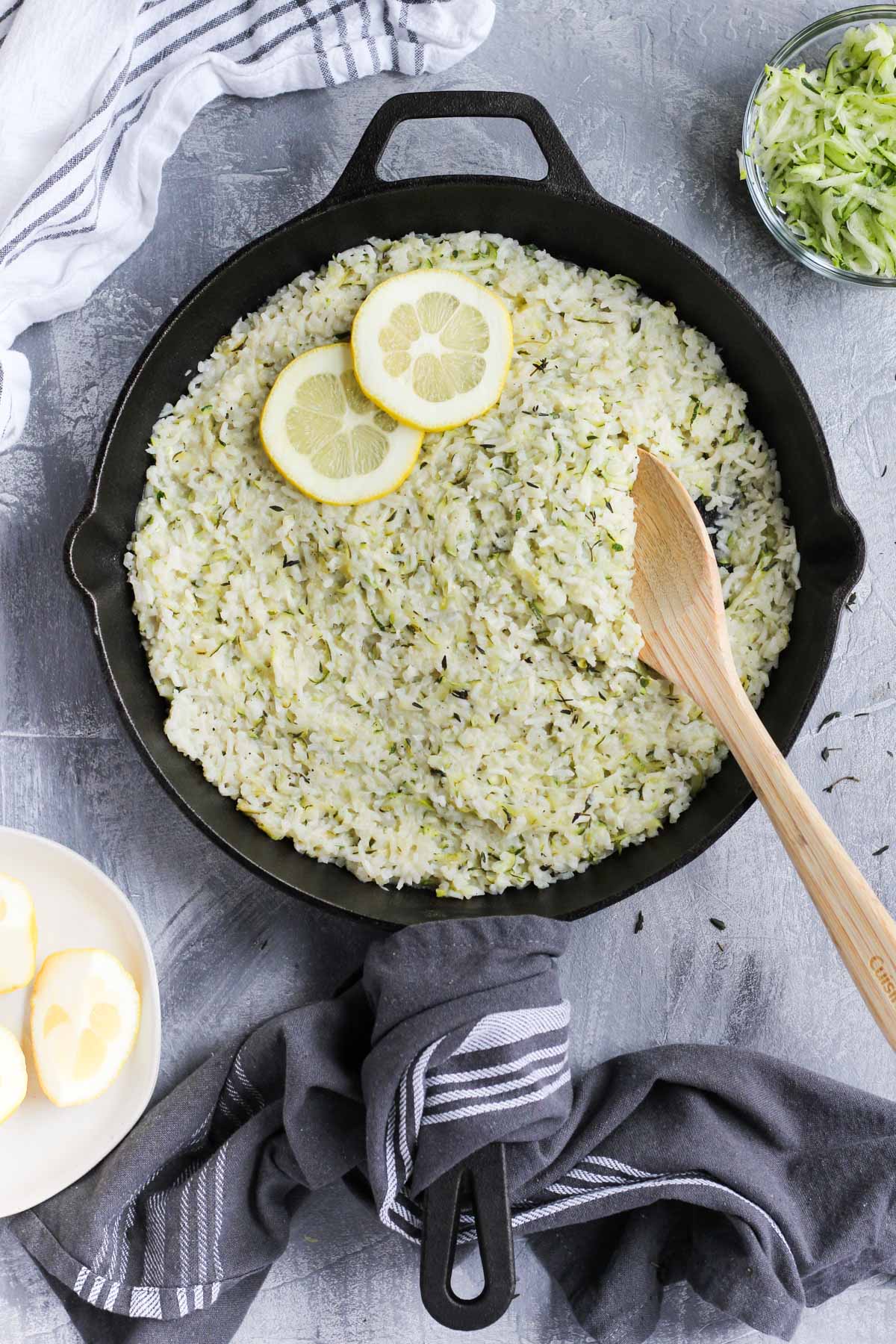 Overhead shot of risotto in cast iron skillet.
