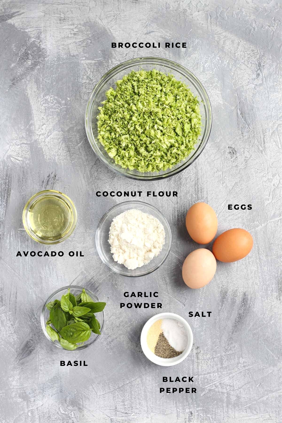 Overhead shot of broccoli pizza crust ingredients.