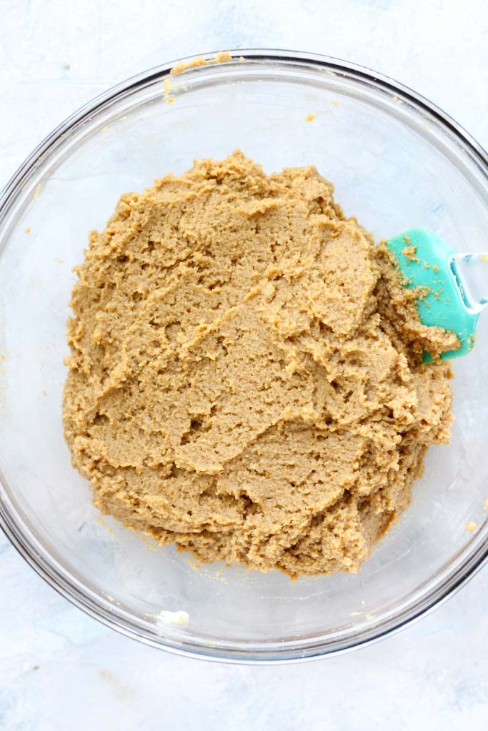 Cake batter in mixing bowl.