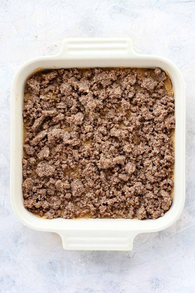 Coffee cake in baking dish.
