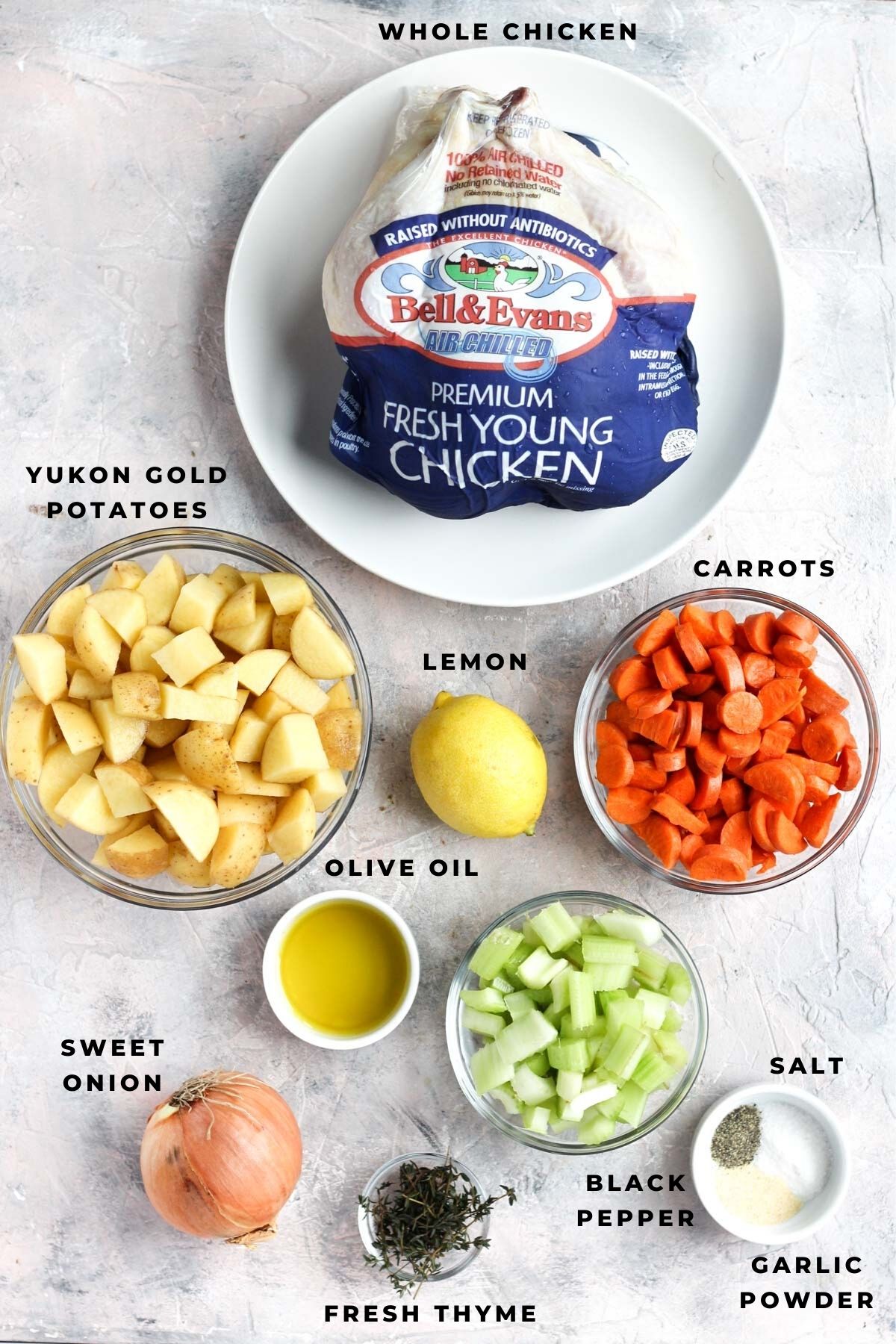 Overhead shot of chicken and vegetable ingredients.