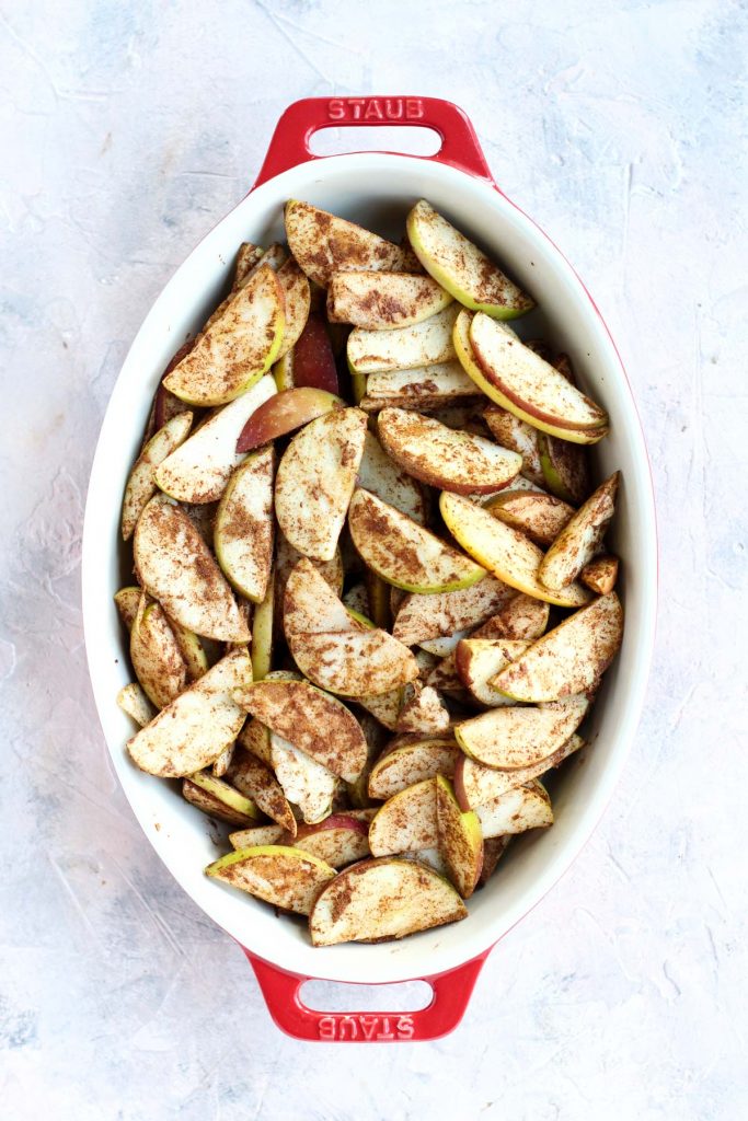 Apples in casserole dish.