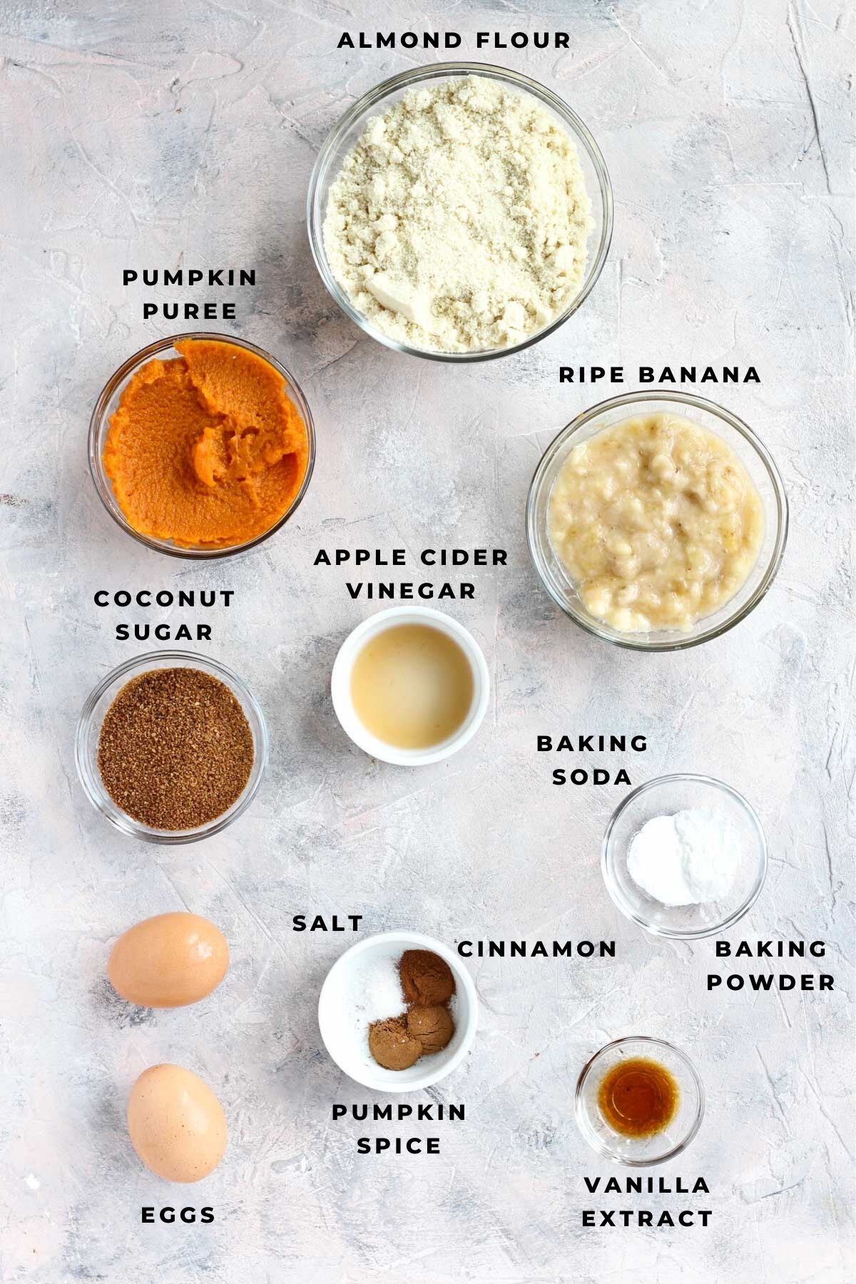 Overhead shot of pumpkin banana bread ingredients.
