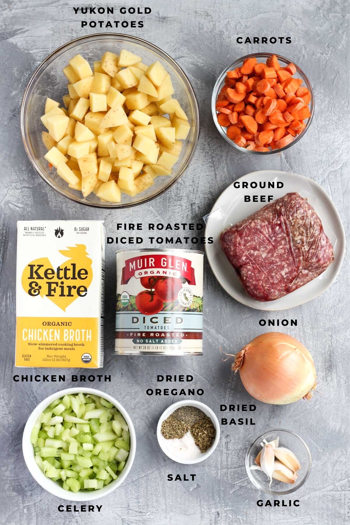 Overhead shot of soup ingredients.