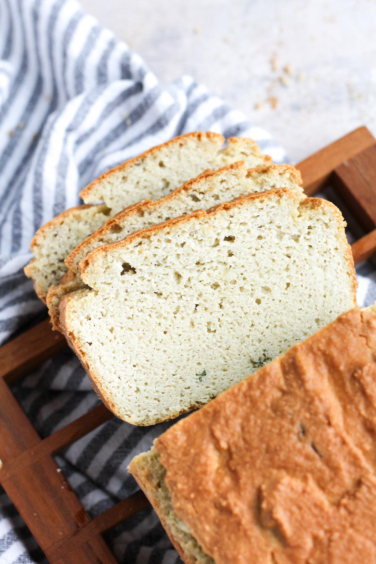 Overhead shot of three slices cut out of loaf.