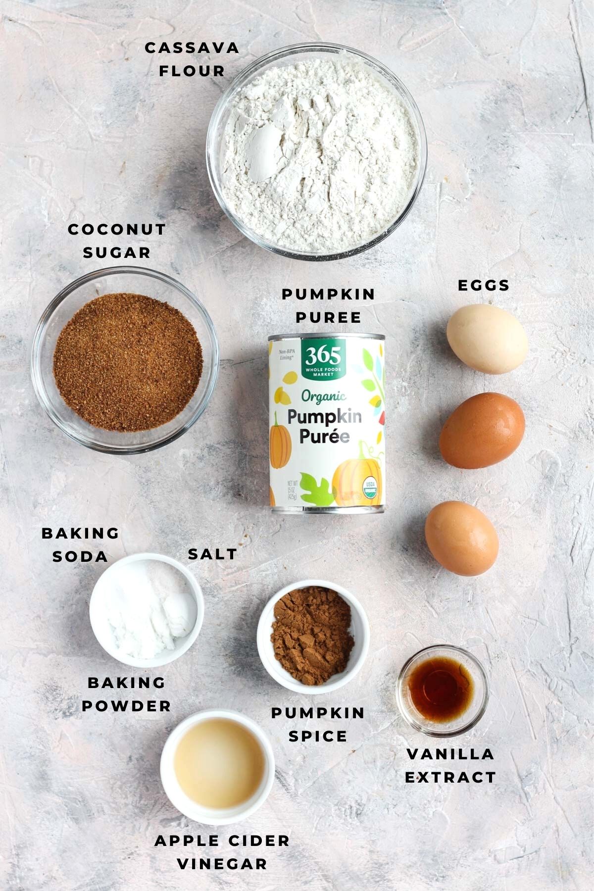 Overhead shot of pumpkin spice muffin ingredients.