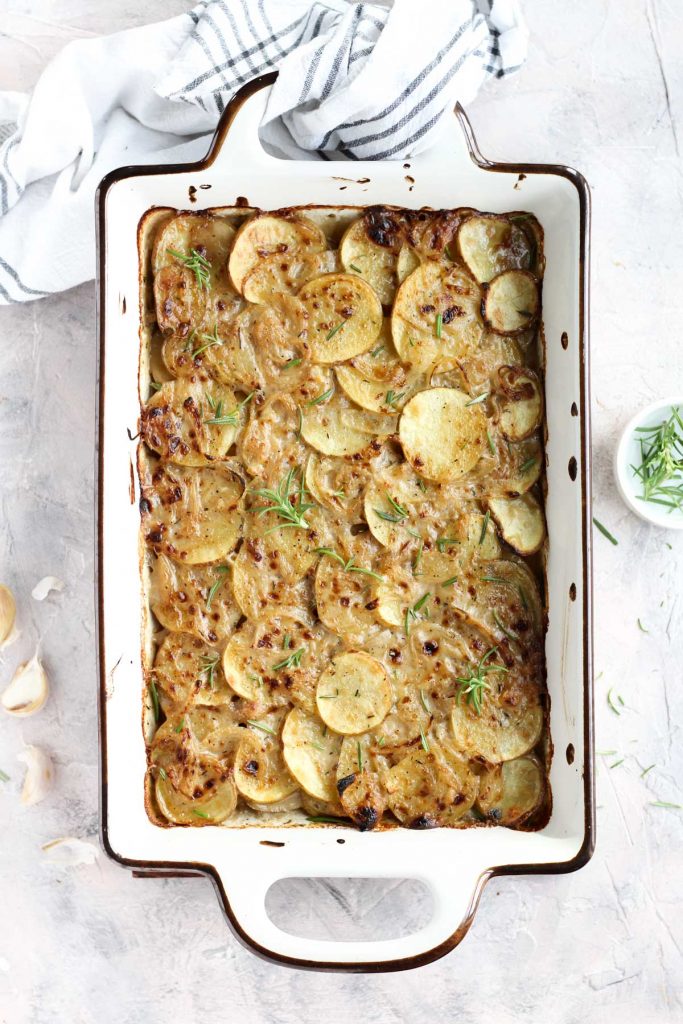 Baked casserole dish with scalloped potatoes.
