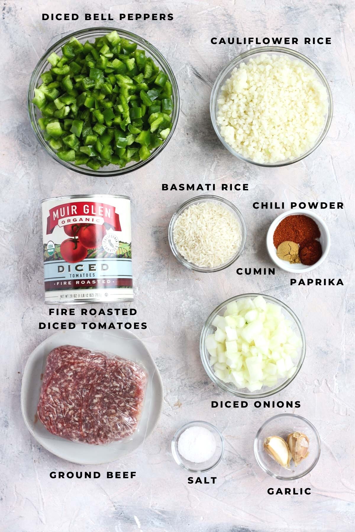Overhead shot of stuffed pepper soup ingredients.
