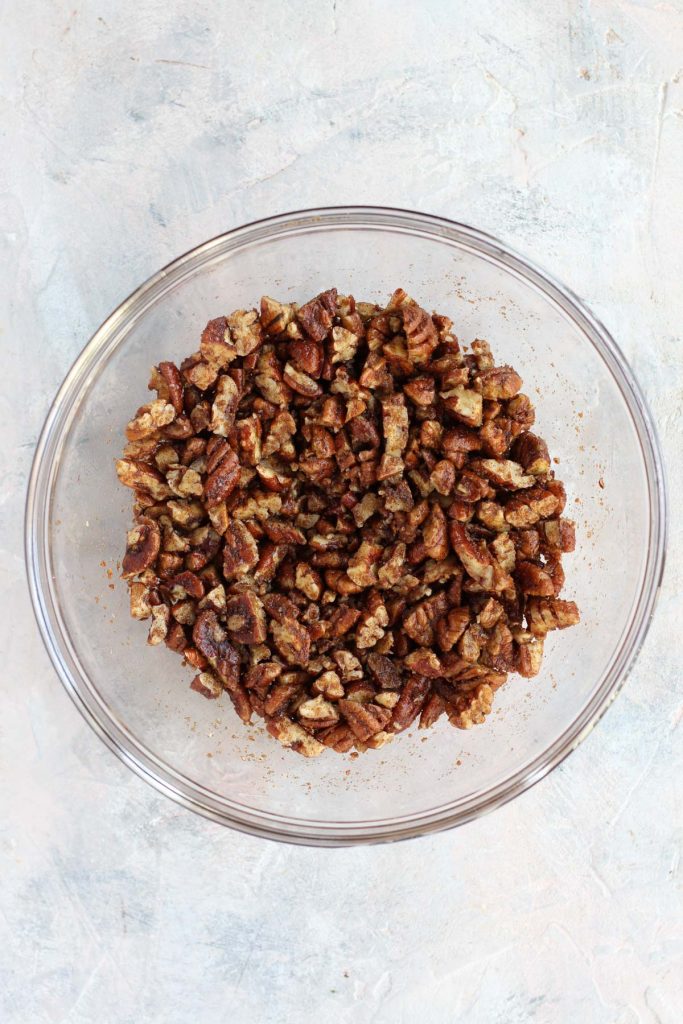 Bowl of candied pecans.