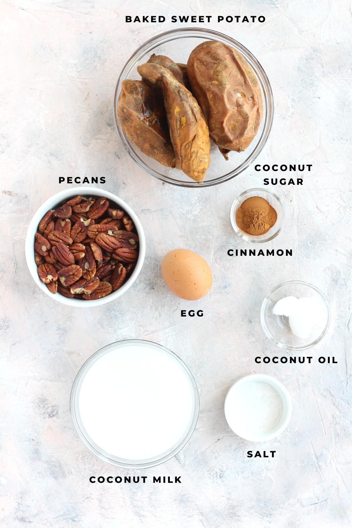 Overhead shot of sweet potato casserole ingredients.